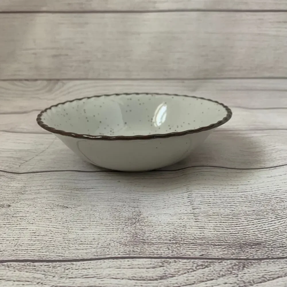 Vintage Japanese Speckled Stoneware Bowl Blue Poppy Peony Floral Scalloped Rim